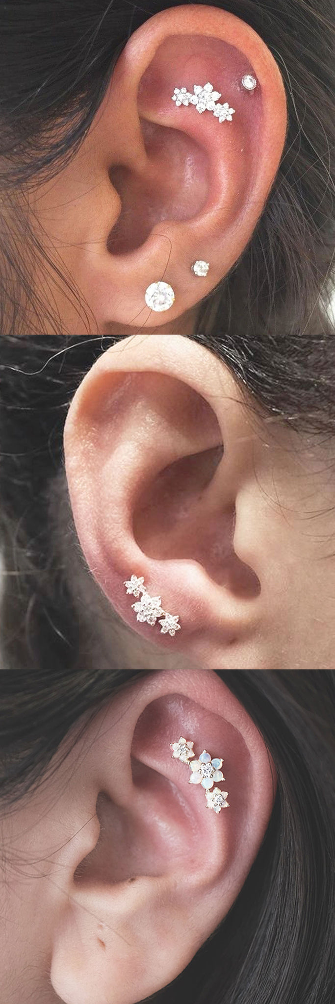 Delicate Ear Piercing Ideas Jewelry at MyBodiArt.com - Triple 3 Crystal Flower Constellation Earring - Ear Studs