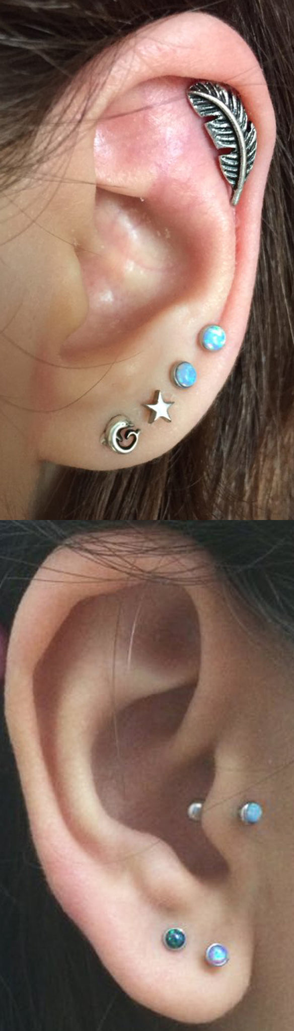 Celebrity Boho Ear Piercing Ideas MyBodiArt.com - Silver Antiqued Leaf Cartilage Earring - Double Triple Opal Studs 