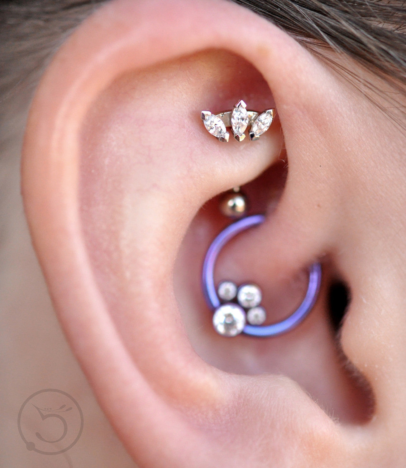 Cute Ear Piercing Ideas at MyBodiArt.com - Crystal Rook Barbell & Purple Hoop Daith Ring