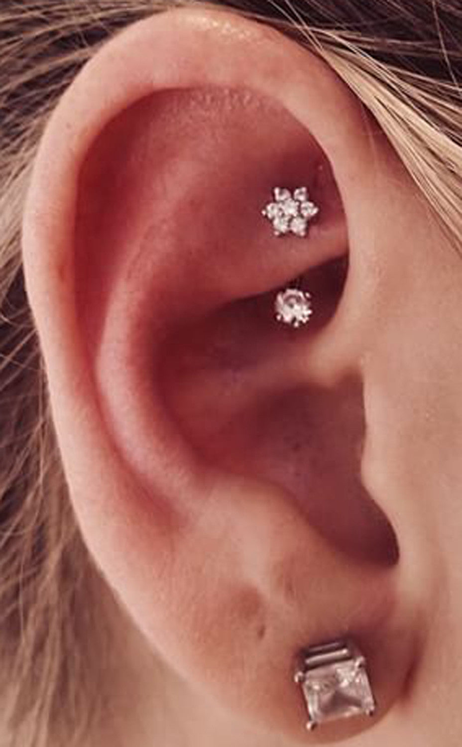 Crystal Flower Rook Piercing Jewelry Earring - Simple Minimal Ear Piercing Ideas at MyBodiArt.com