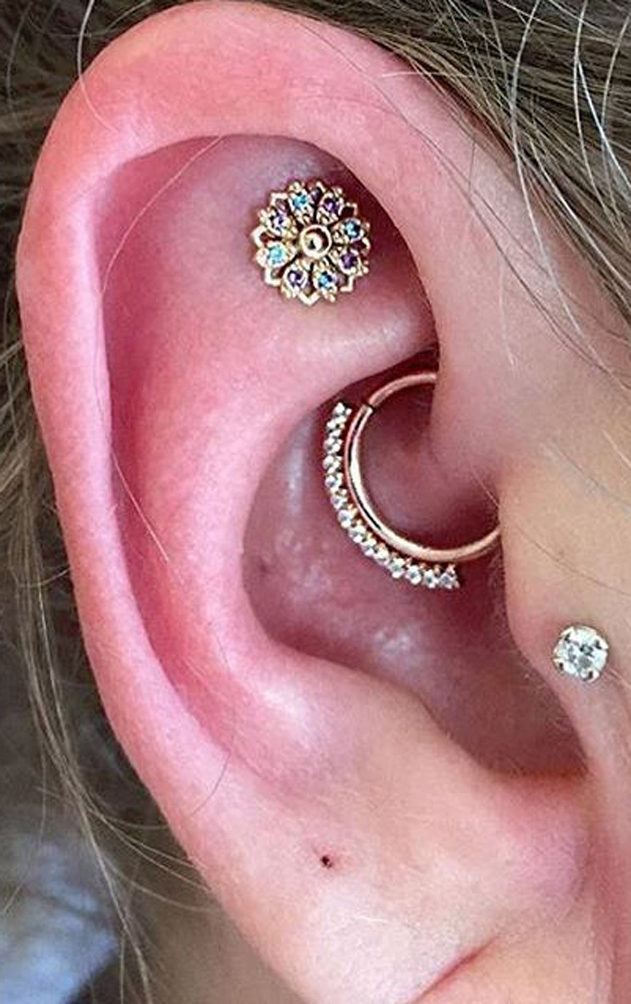 Celebrity Ear Piercing Ideas Combinations at MyBodiArt.com - Gold Daith Ring Hoop 16G - Constellation Earring - Tragus Stud  