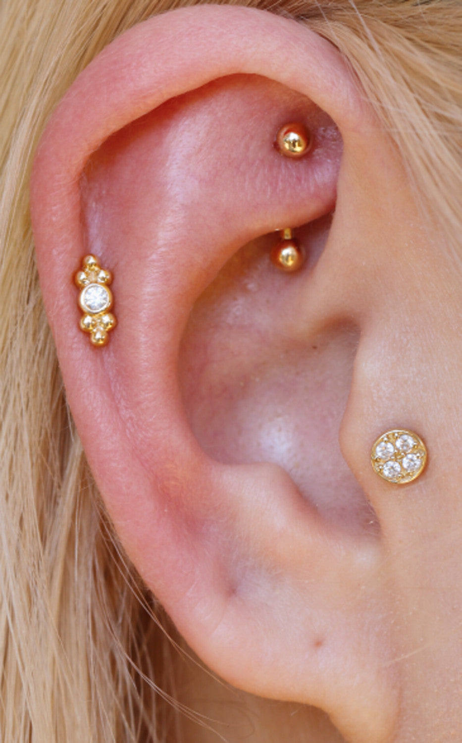 Delicate Ear Piercing Ideas at MyBodiArt.com - Gold Rook Barbell - Crystal Pinna Cartilage Helix Earring - Tribal Tragus Stud 