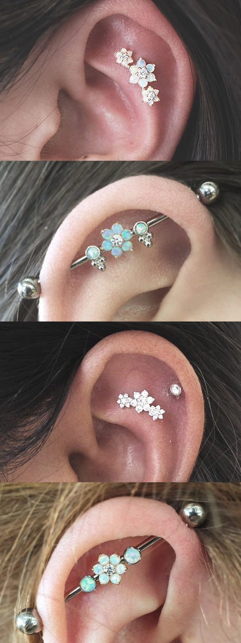 Classy Multiple Ear Piercing Ideas at MyBodiArt.com - Opal Industrial Barbell Piercings - Crystal Flower Cartilage Helix Constellation Stud 16G