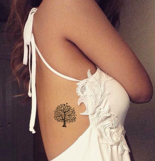 Oak Tree Rib Black Henna Back Rib Tattoos for Women - MyBodiArt.com