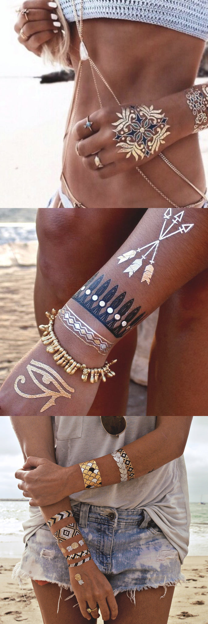 Small Tribal Arrow Tattoo Ideas for Women - Boho Simple Bracelet Tatt - Mandala Gold Metallic Flash Hand Tat - MyBodiArt.com