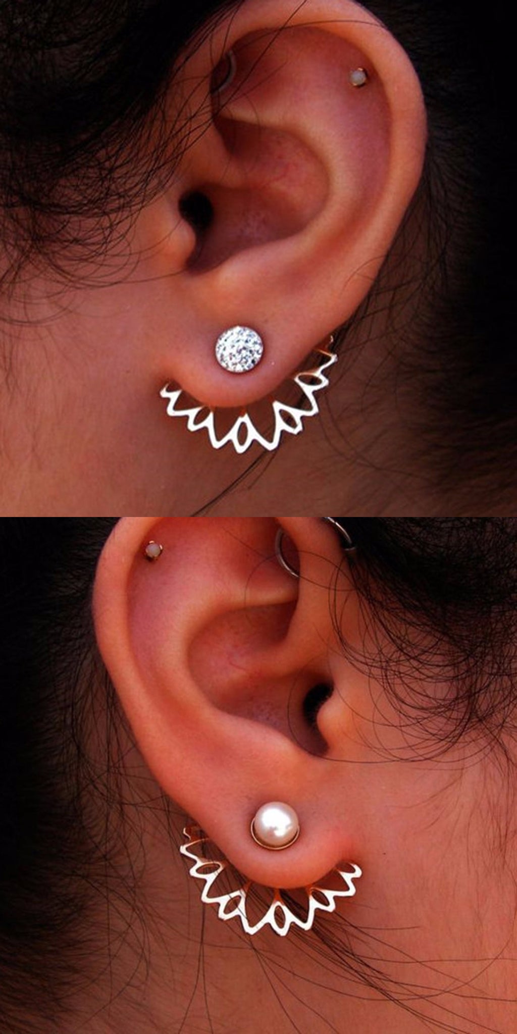 Pretty Ear Piercing Ideas at MyBodiArt.com - Crystal Pearl Flower Ear Jacket Earring Jewelry 