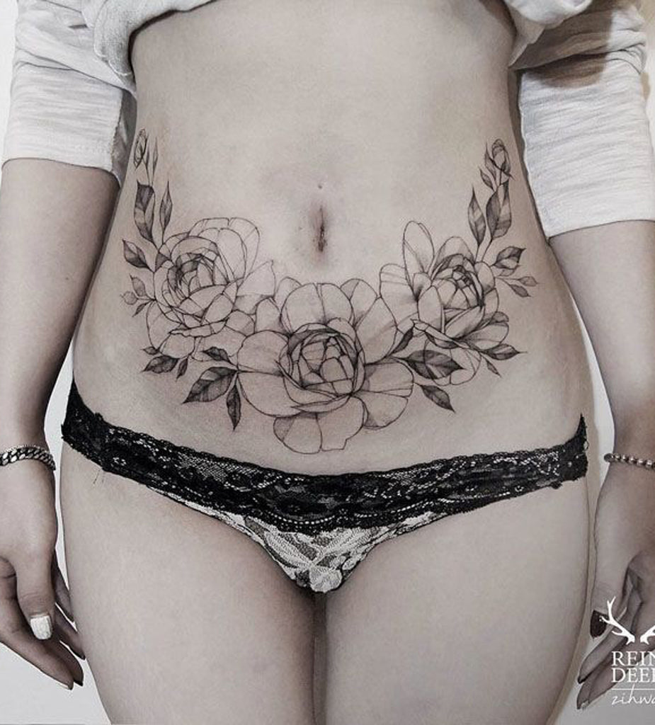 Hip Flower Black Tattoo = MyBodiArt.com