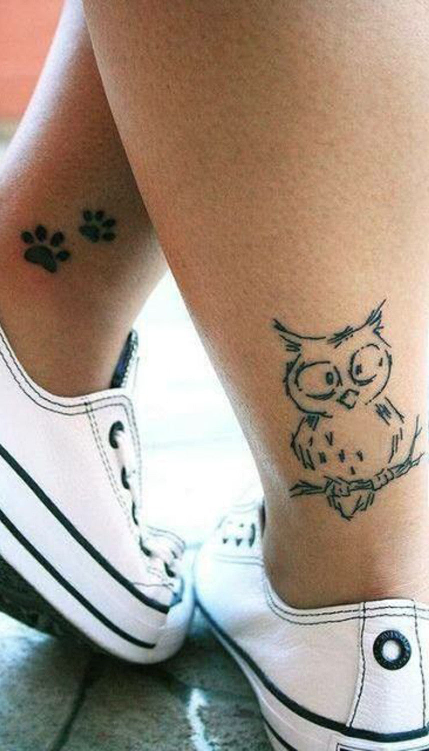 Cute Small Owl Leg Tattoo Ideas - Dog Paw Prints Ankle Tats - MyBodiArt.com