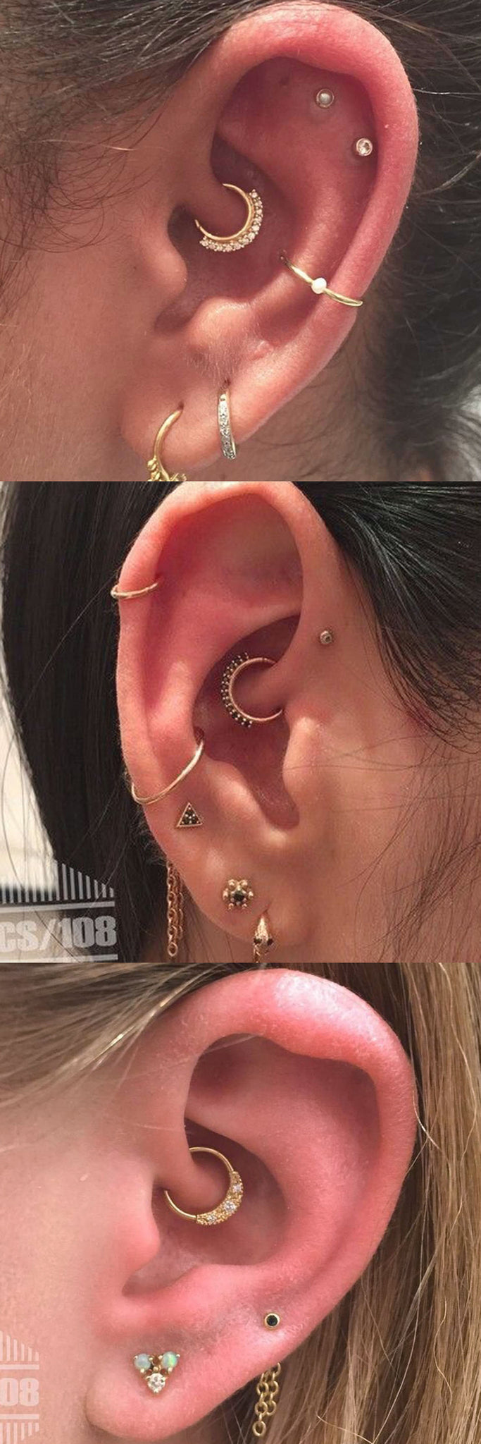 Delicate Ear Piercing Ideas Combinations - Rook Piercing Jewelry - Gold Cartilage Rings - Conch Hoop at MyBodiArt.com