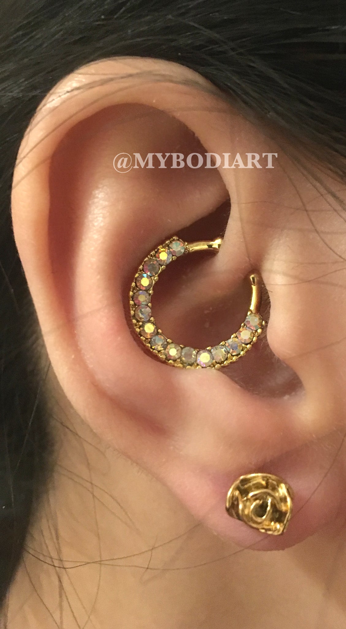 Gold Ear Piercing Ideas - Rose Earring Stud - Cartilage Daith Rook Ring Hoop - www.MyBodiArt.com