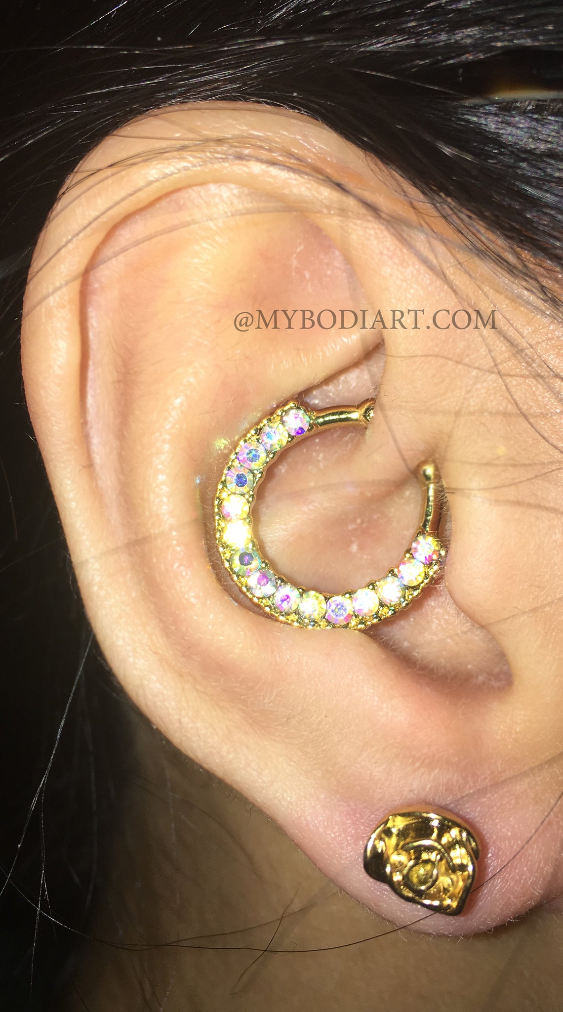 Popular Teenager Ear Piercing Ideas - Gold Daith Ring Hoop Earring - Rose Ear Lobe Stud - at MyBodiArt.com 
