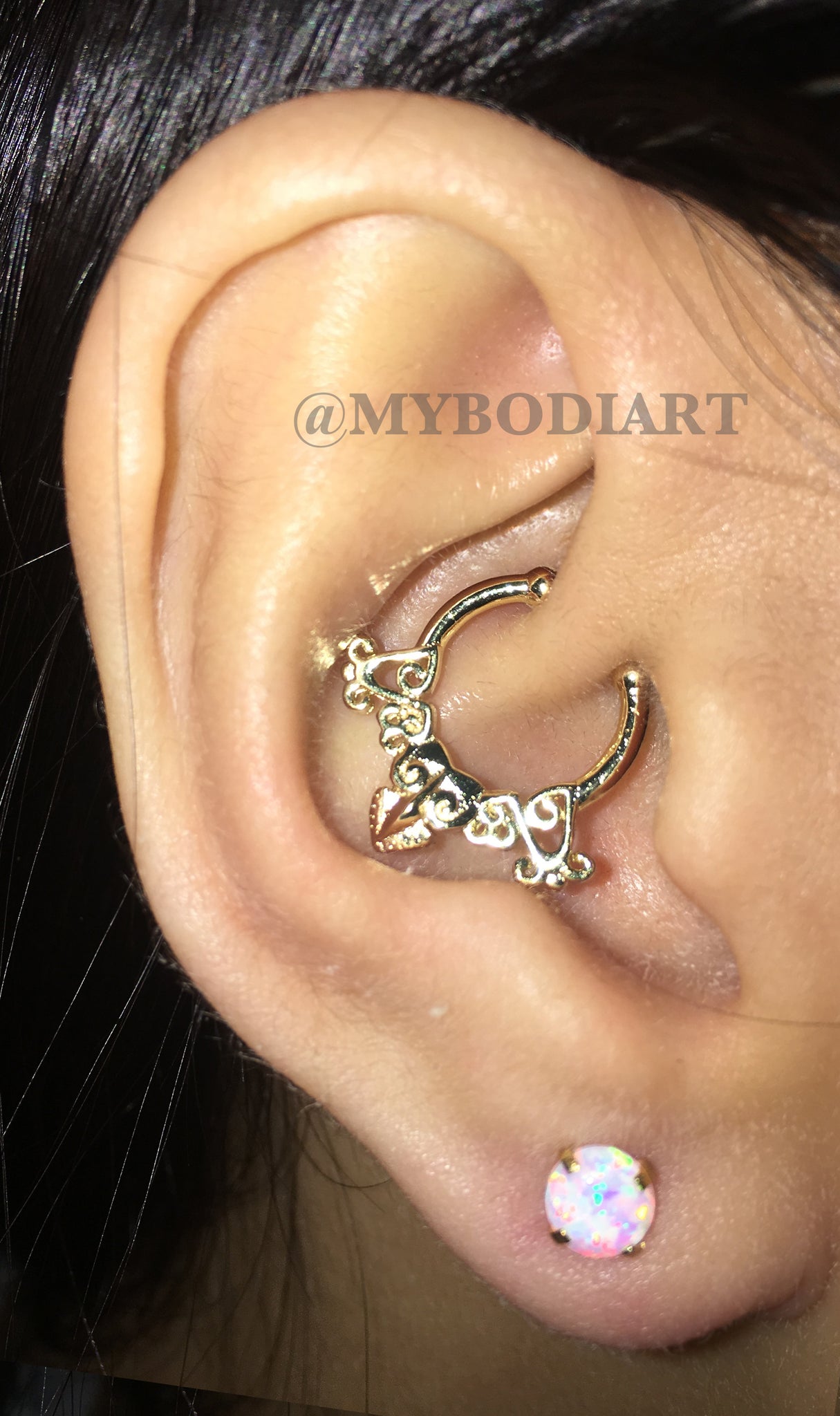 Cute Ear Piercing Ideas - Opal Lobe Earring Stud - Gold Rook Daith Hoop Ring - www.MyBodiArt.com