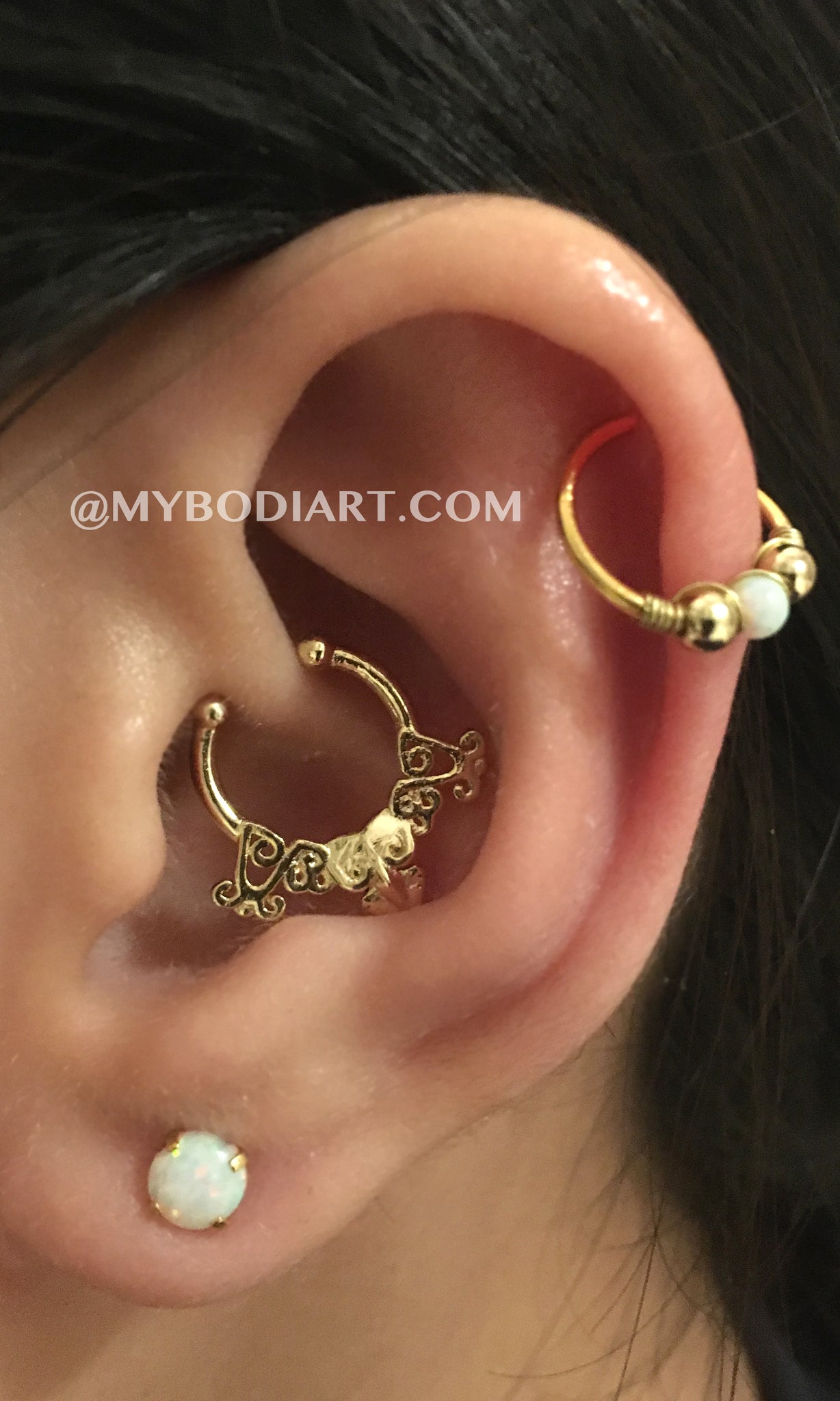 Cute Gold Ear Piercing Ideas - Gold Opal Cartilage Ring - Daith Hoop Earring - Lobe Studs - www.MyBodiArt.com