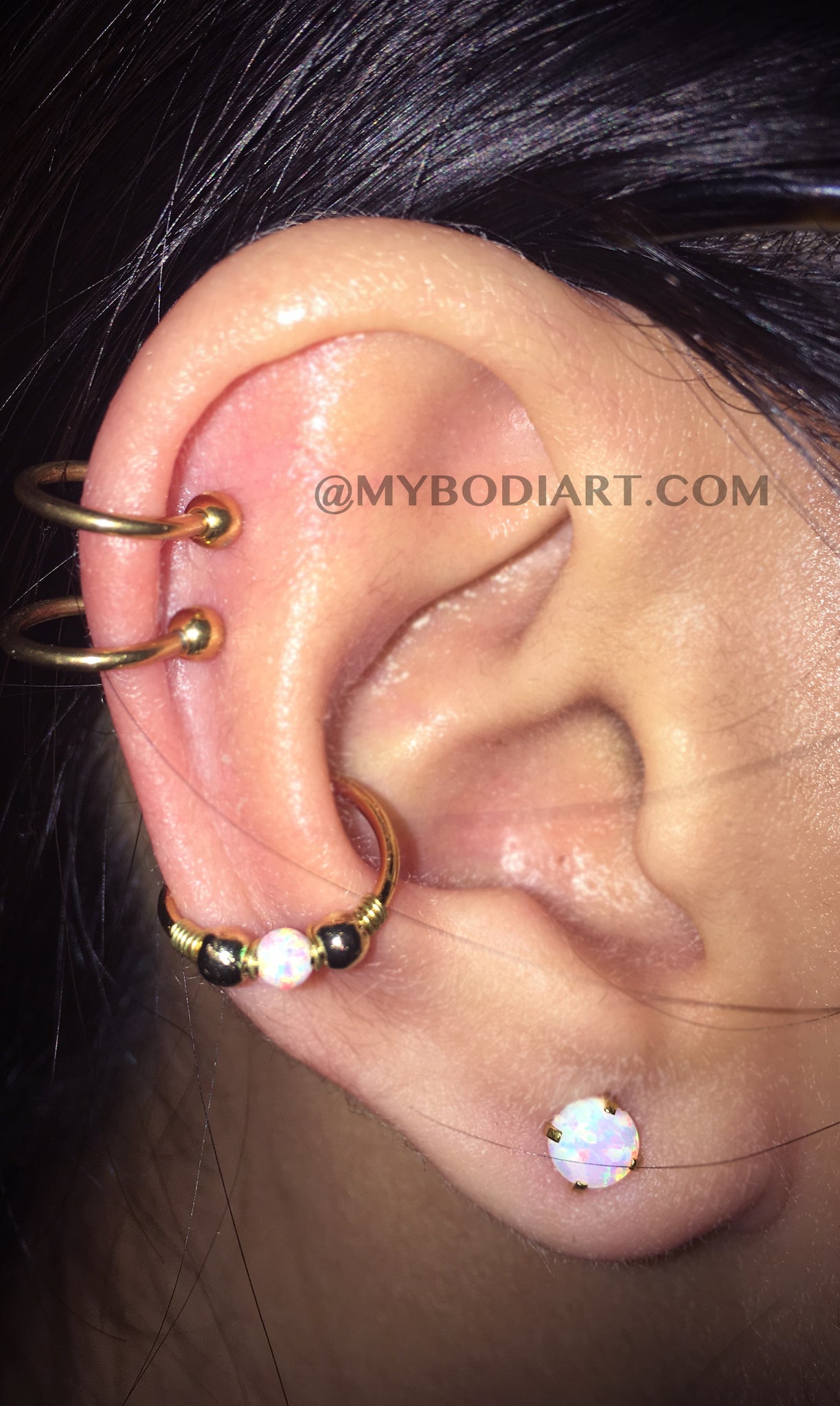 All the Way Around Multiple Ear Piercing Ideas - Double Cartilage Top Ear Rings - Conch Hoop - Opal Ear Lobe Studs - www.MyBodiArt.com