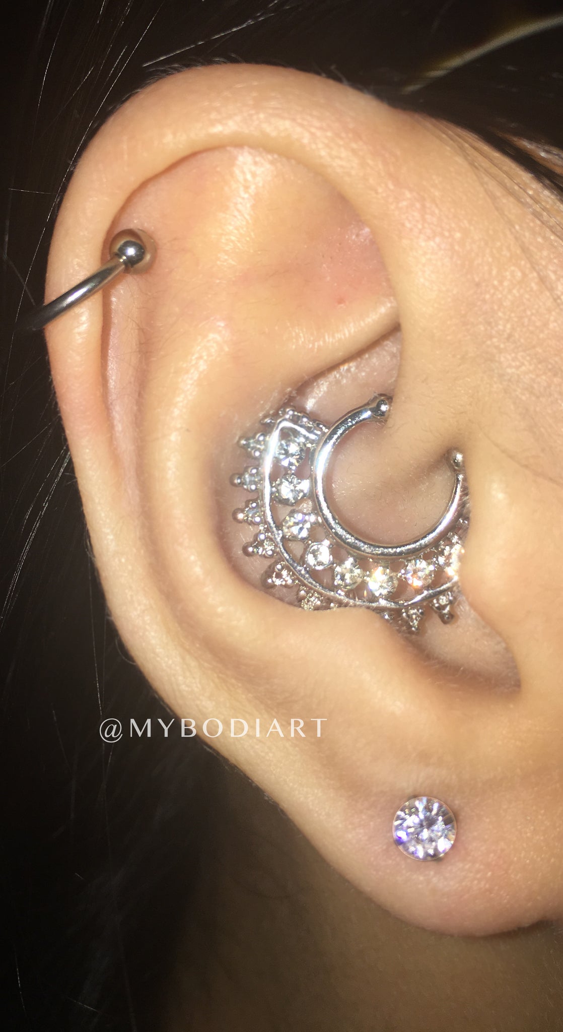 Arty Multiple Ear Piercing Ideas Placement - Cartilage Daith Ring Hoop - Ear Lobe Stud - www.MyBodiArt.com