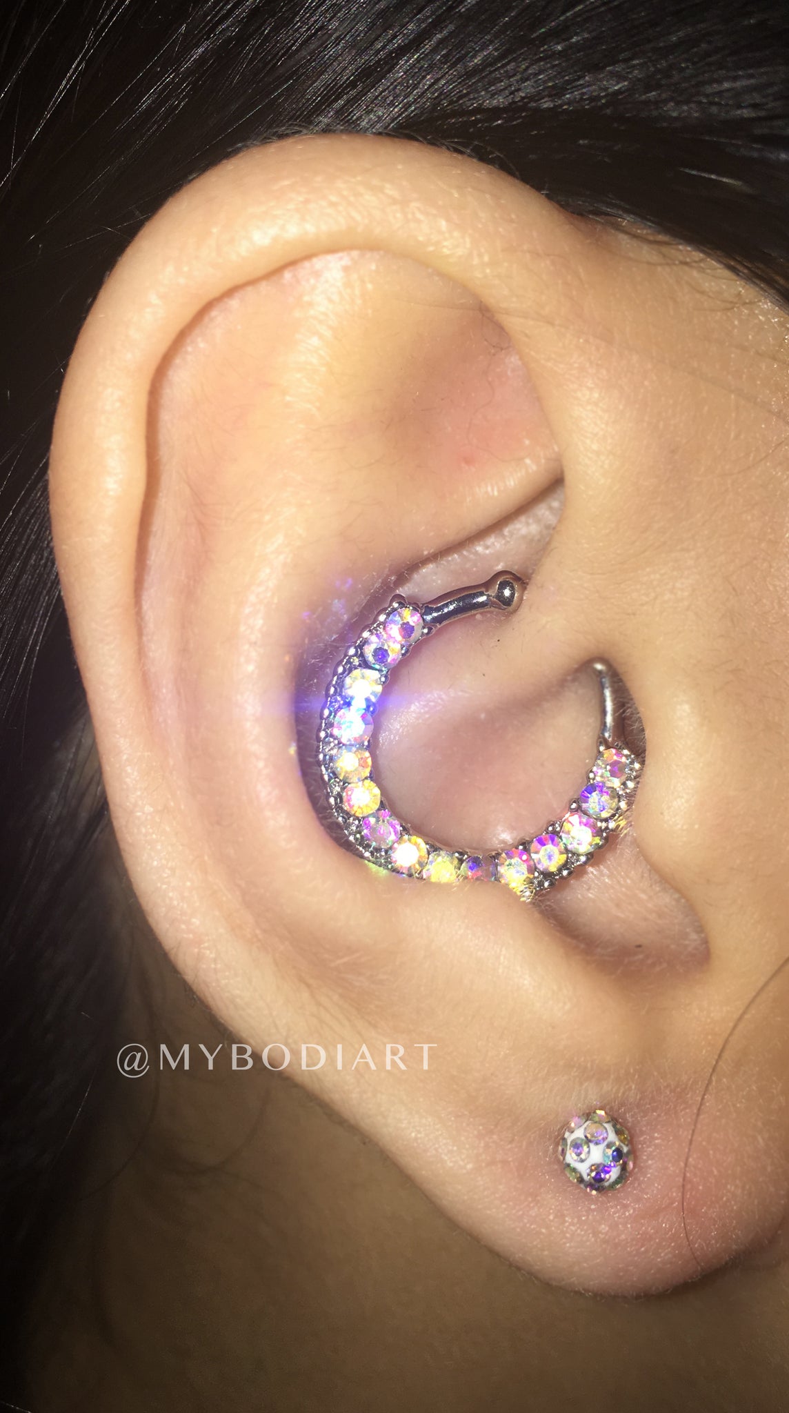Pretty Feminine Ear Piercing Ideas for Teenagers - Rainbow Crystal Ball Earring Stud Cartilage, Helix, Tragus, Conch - www.MyBodiArt.com