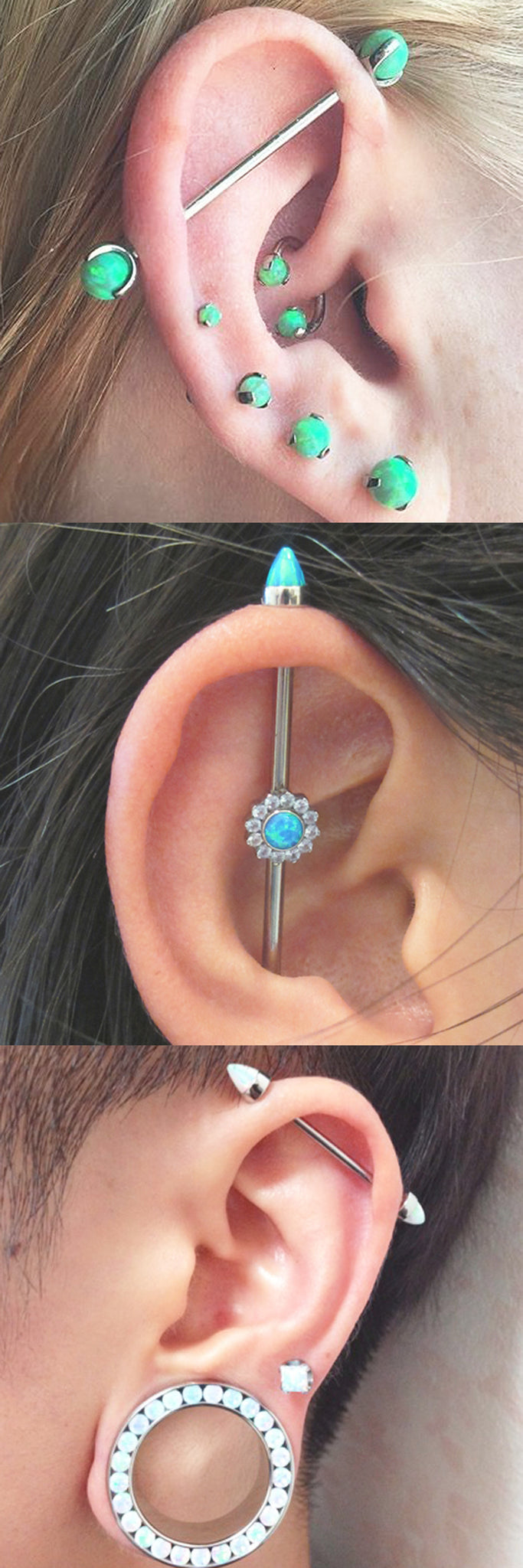 Cool Ear Piercing Ideas at MyBodiArt.com - Opal Industrial Barbell - Rook Horseshoe Ring - Daith Hoop 