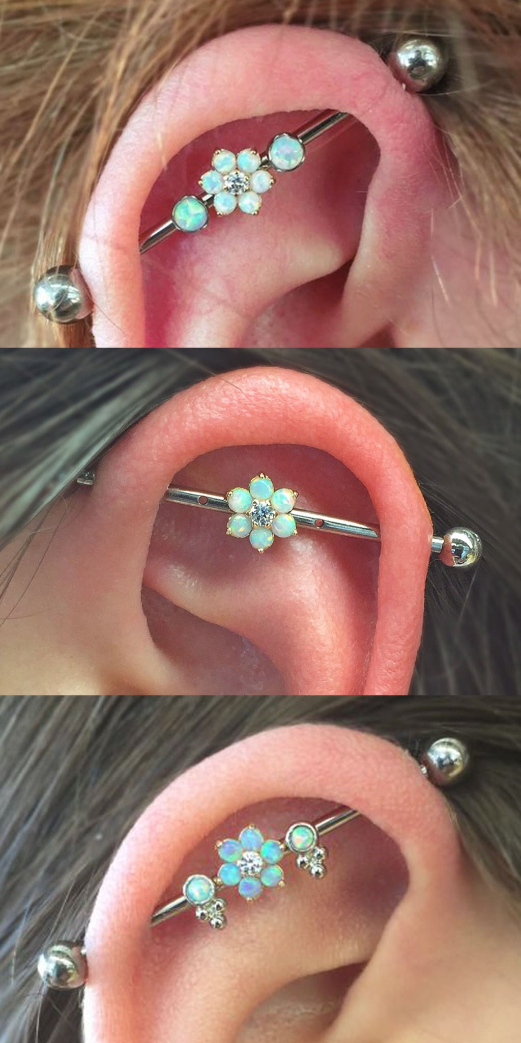 Pretty Ear Piercing Ideas at MyBodiArt.com Opal Crystal Flower Industrial Piercing Jewelry