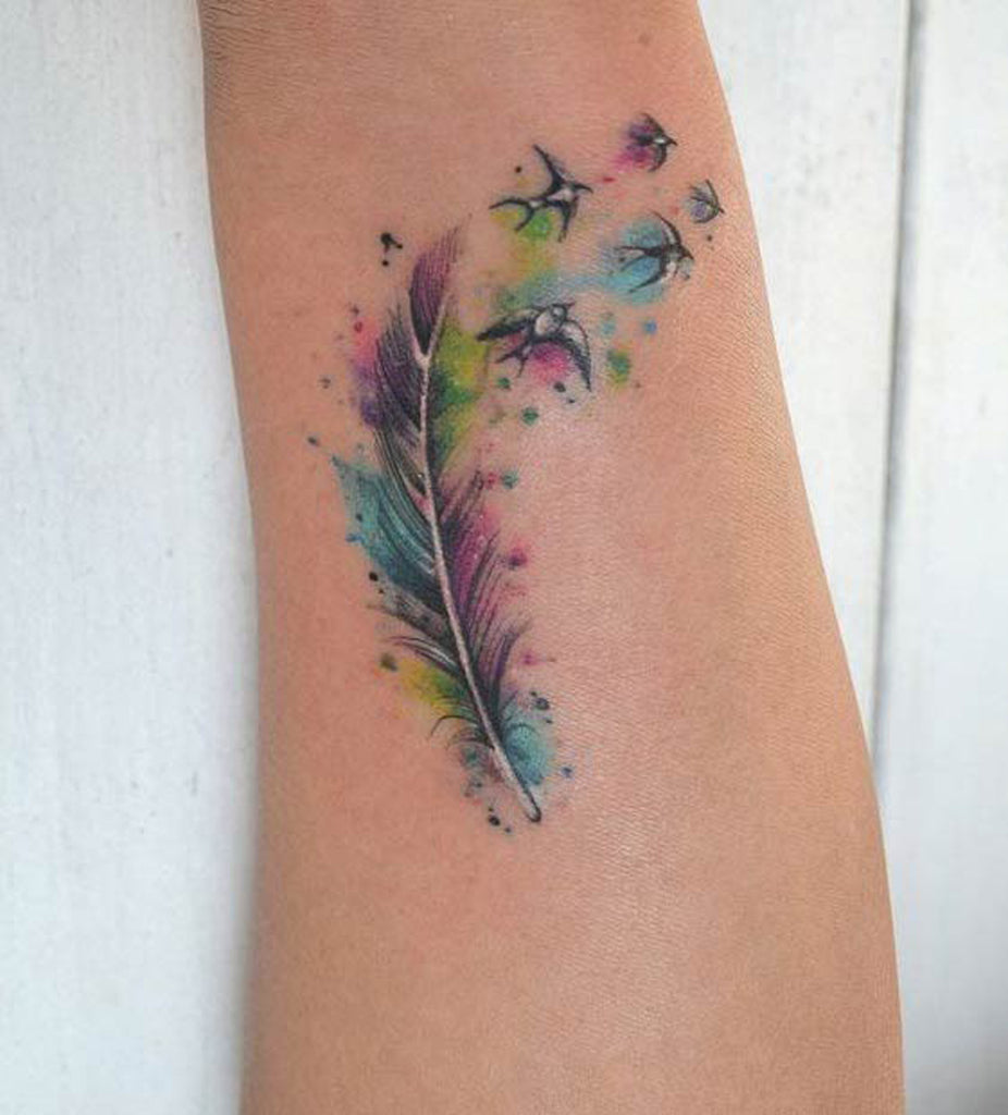 Feather Watercolor Tattoo - MyBodiArt.com