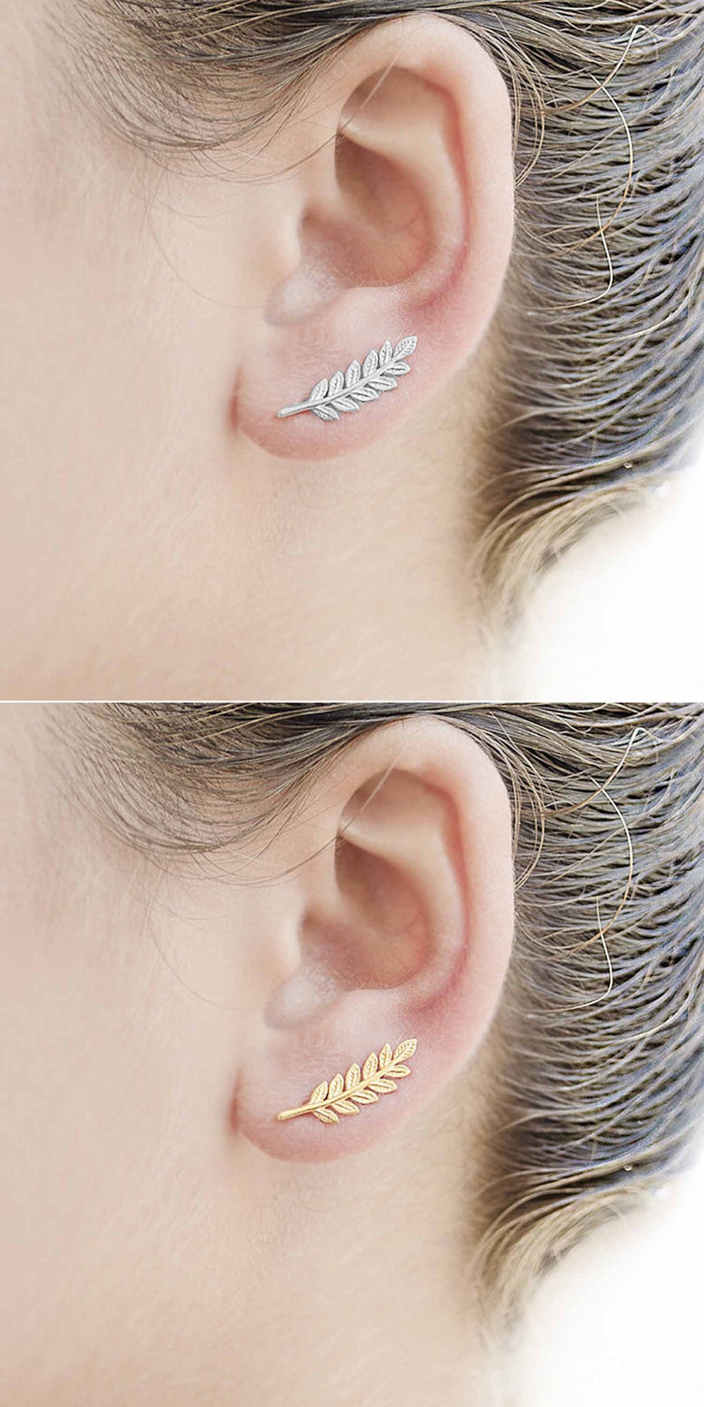 Cute Simple Ear Piercing Jewelry at MyBodiArt.com - Leaf Ear Climber Earring in Gold / Silver
