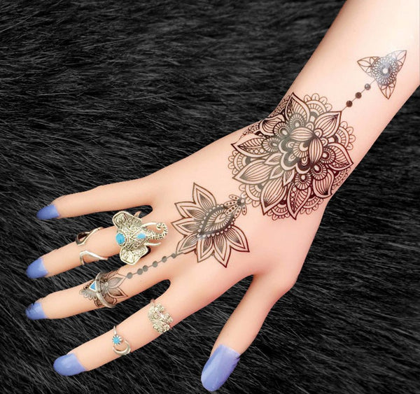 Tribal Lotus Hand Temporary Tattoos - MyBodiArt.com
