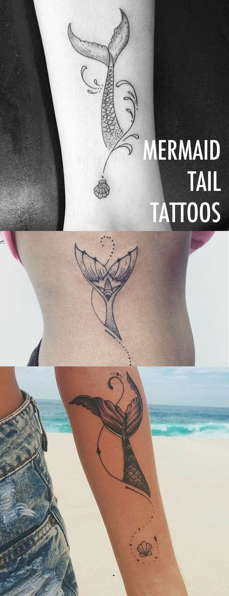 Mermaid Tail Tattoo Ideas for Women at MyBodiArt.com - Small Black Arm Sleeve Seashell Rib Tatt