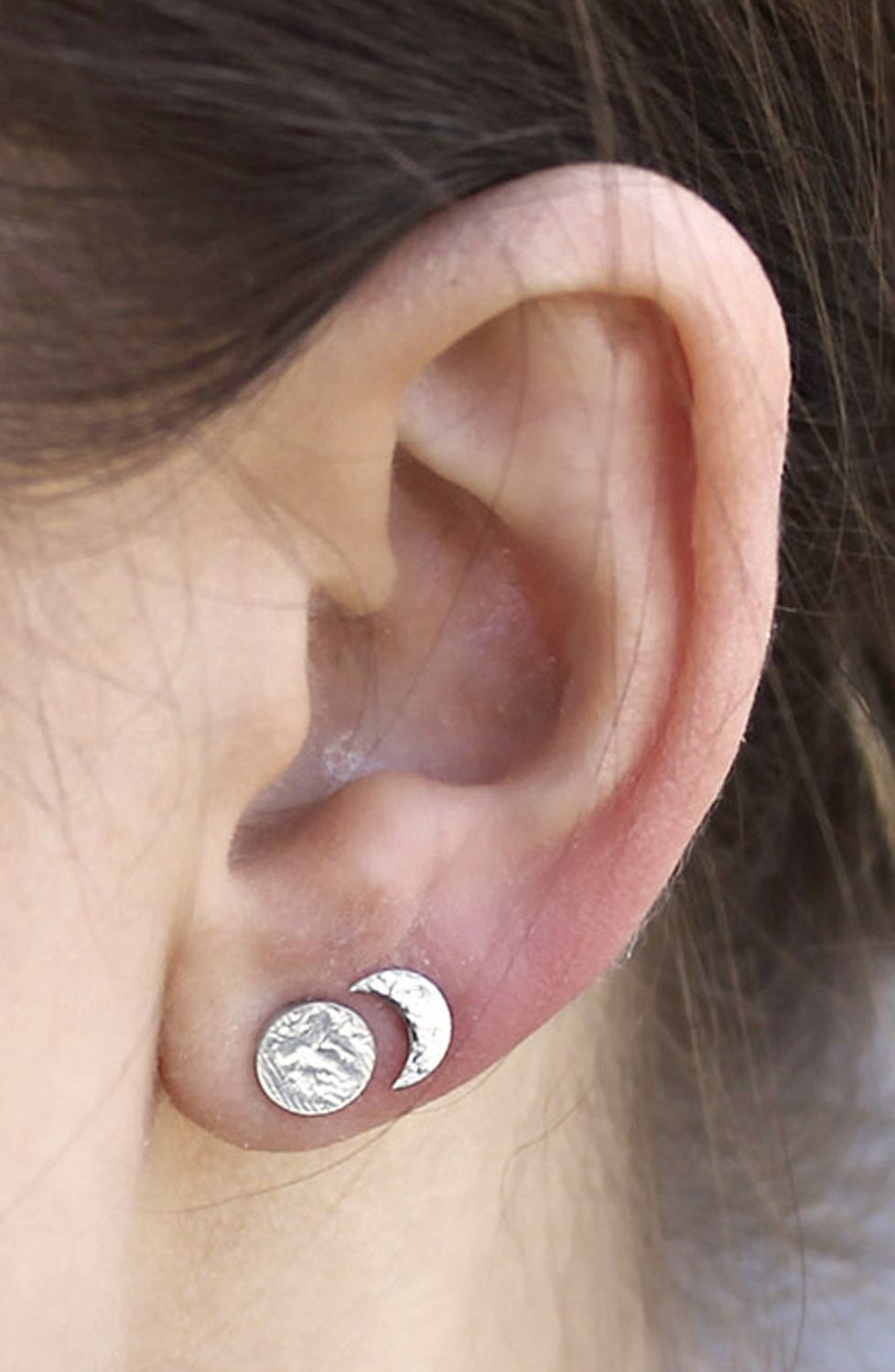 Cute Multiple Ear Piercing Ideas at MyBodiArt.com - Hammered Sterling Silver Metal Earrings Sun Moon 