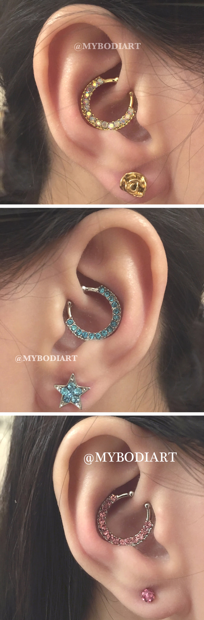 Cute Ear Piercing Ideas - Cartilage Daith Rook Ring Hoop Crystal Earring Stud 16G - www.MyBodiArt.com