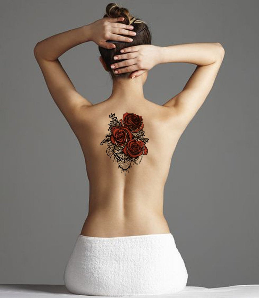 Red Rose Pearls Black Lace Floral Flower Back Spine Tattoo Ideas for Women at MyBodiArt.com