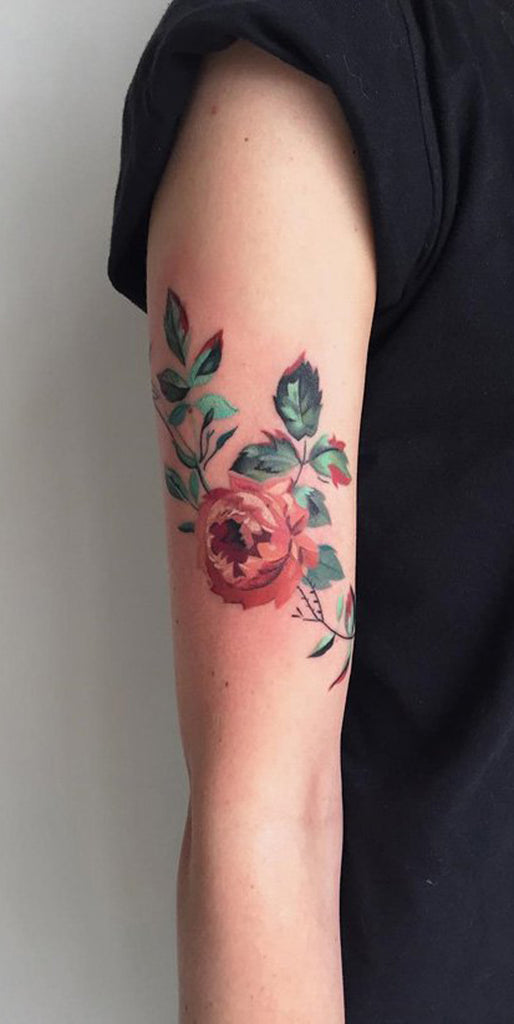 Traditional Vintage Realistic Pink Rose Arm Sleeve Tattoo - MyBodiArt.com