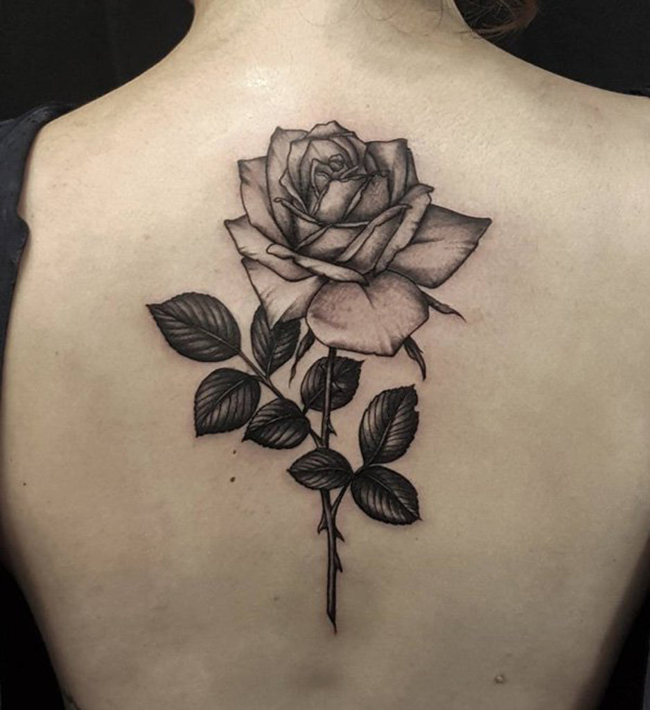 Simple Singel Black Rose Back Tattoo for Women - MyBodiArt.com