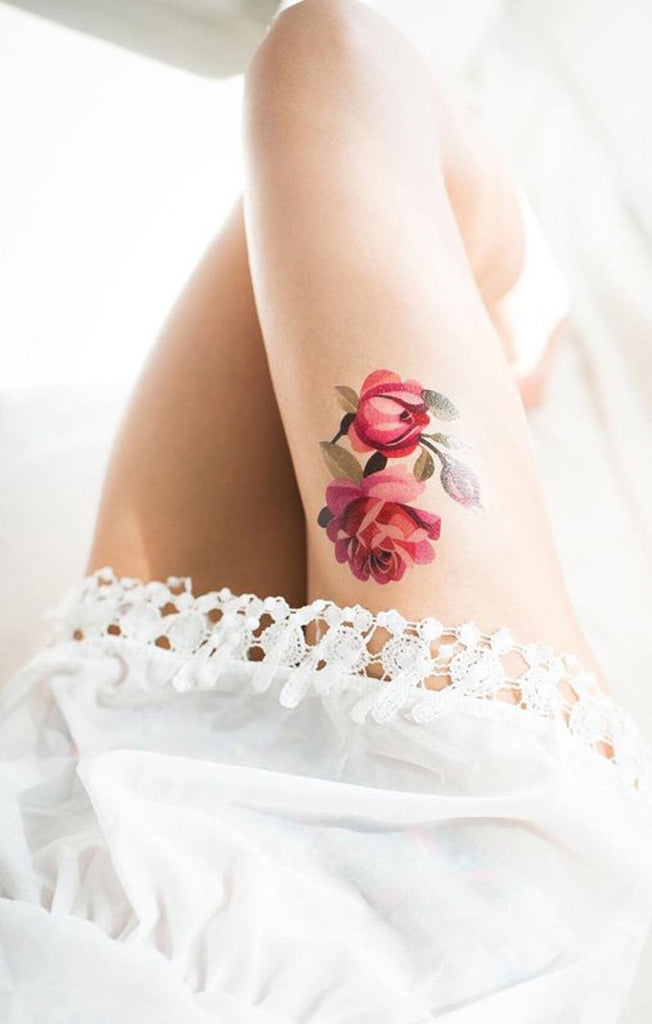 Watercolor Rose Thigh Tattoo for Women - MyBodiArt.com
