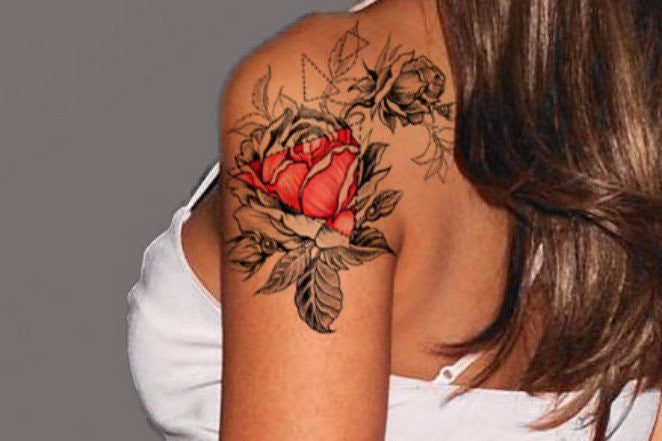 Rose Arm Sleeve Floral Flower Tattoo Ideas Red and Black at MyBodiArt.com