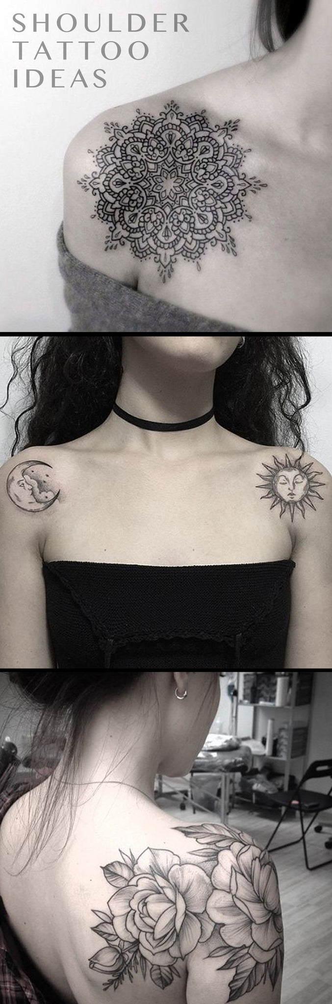 Popular Shoulder Tattoo Ideas for Woman - Black and White Geometric Mandala idées de tatouage with Meaning - Sun and Moon Ideas Del Tatuaje - Delicate Vintage Floral Flower Tattoo Ideen - www.MyBodiArt.com