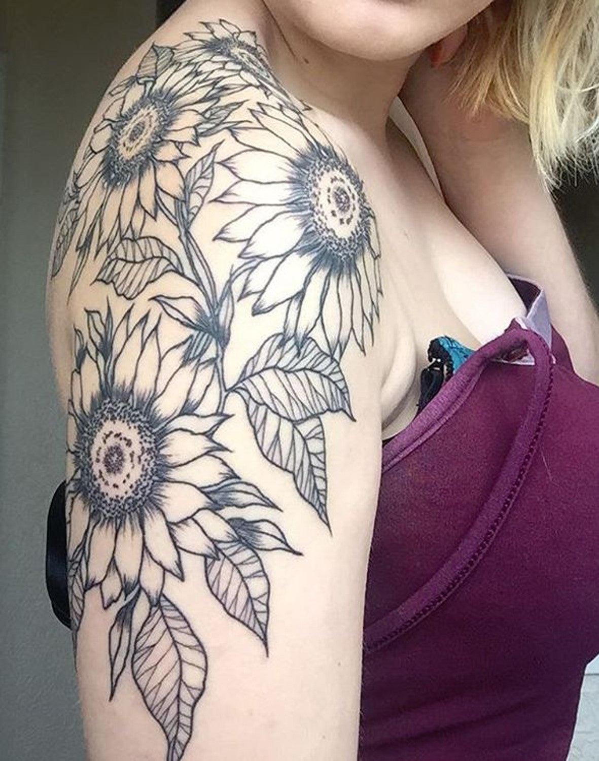 Full Arm Sleeve Sunflower Floral Tattoo Ideas On Shoulder for Women at MyBodiArt.com