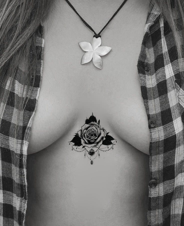 Geometric Floral Rose Flower Sternum Tattoo Ideas for Women at MyBodiArt.com