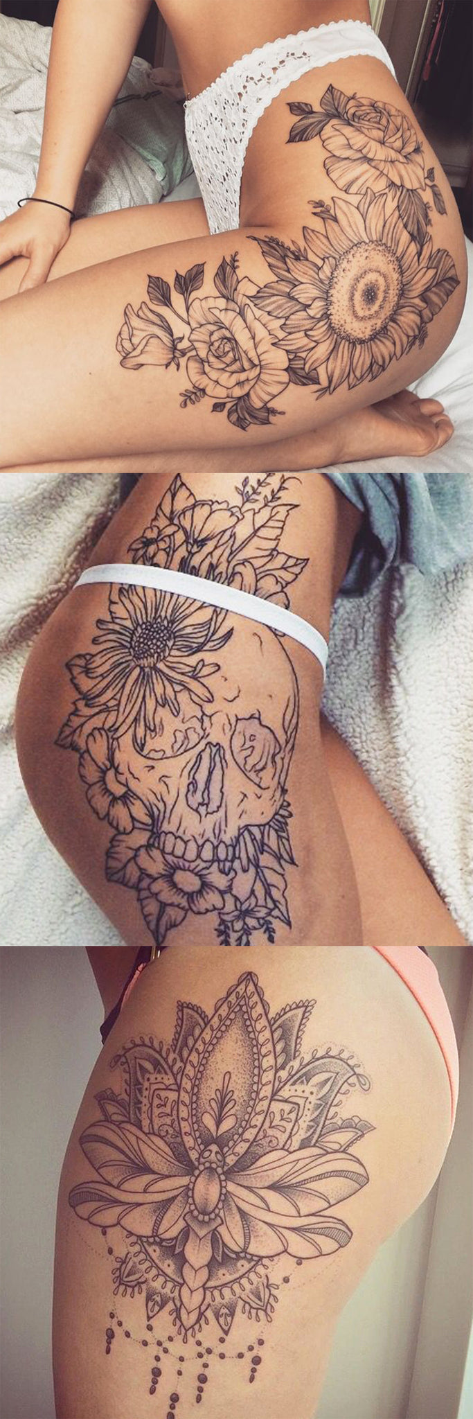 Mandala Thigh Tattoo Ideas at MyBodiArt.com - Sunflower Skull Leg Hip Black and White Tatt