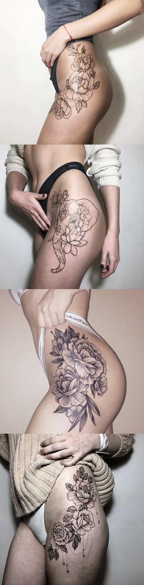 Simple Floral Flower Thigh Tattoo Ideas Black and White at MyBodiArt.com