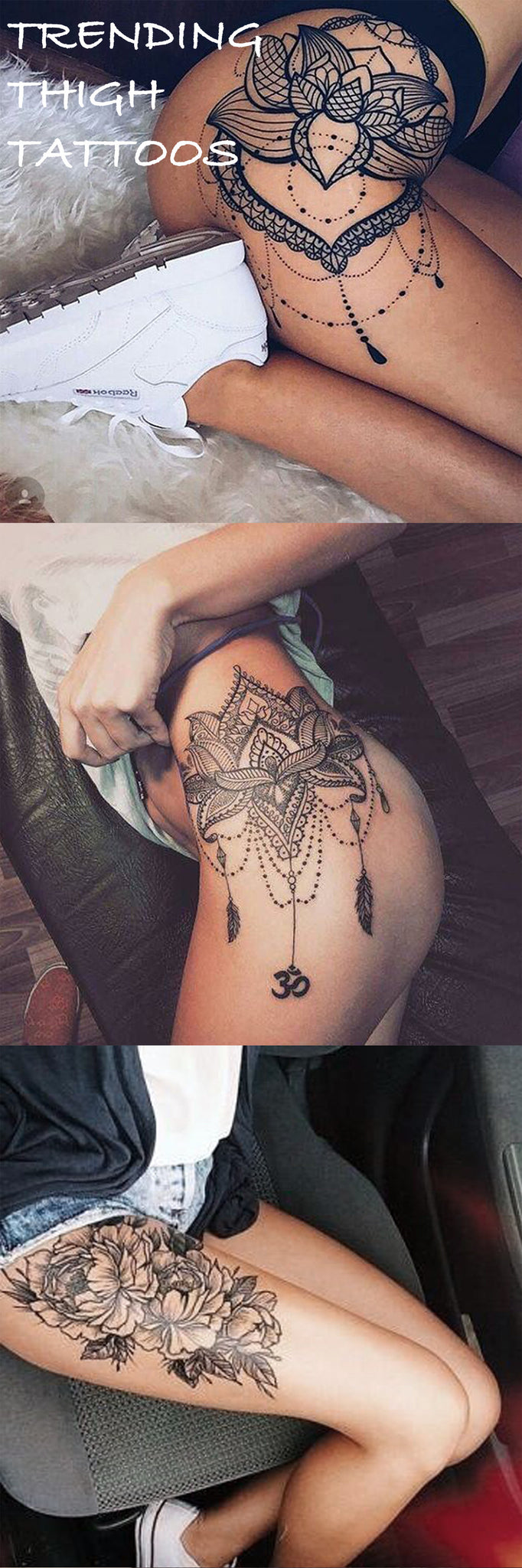 Thigh Hip Side Tattoo Ideas with Lace Mandala and Floral Flowers at MyBodiArt.com