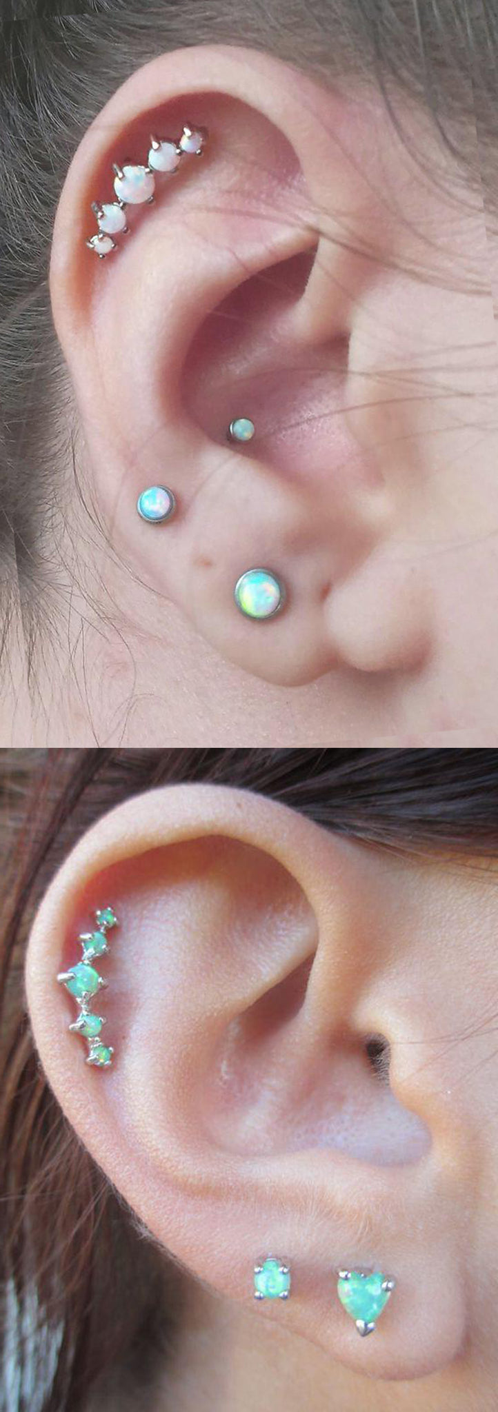 Simple Multiple Ear Piercing Ideas Combinations at MyBodiArt.com - 5 Opal Cartilage Helix Earring Jewelry - Double Opal Lob Earring Stud 