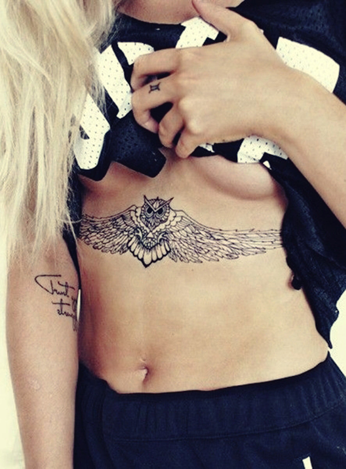 Owl Angel Wings Lace Lotus Underboob Sternum Rib Tattoo Ideas for Women - MyBodiArt.com