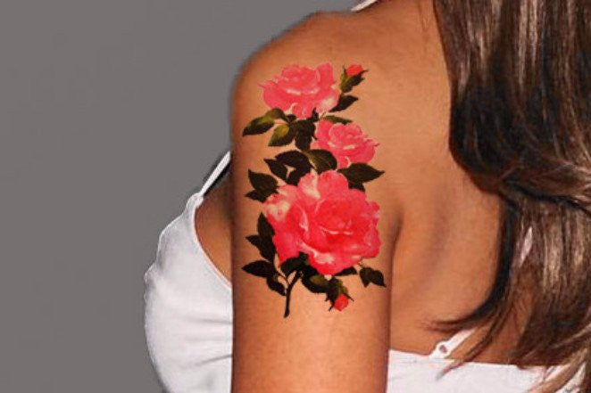 Hot Pink Rose Arm Sleeve Temporary Tattoo at MyBodiArt.com