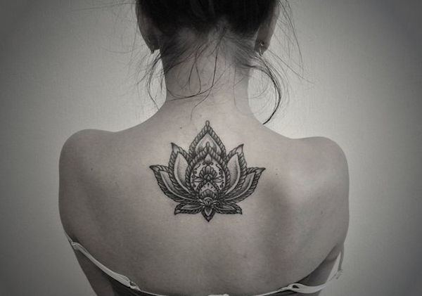Large Upper Back Lotus Flower Tattoo Placement Ideas for Women at MyBodiArt.com