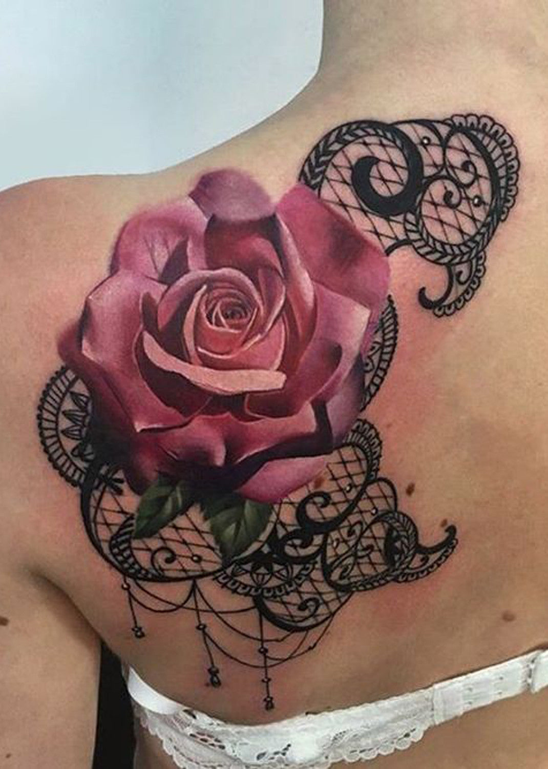 Pink Rose Shoulder Tattoo Ideas - Black Lace Shoulder Tat at MyBodiArt.com 