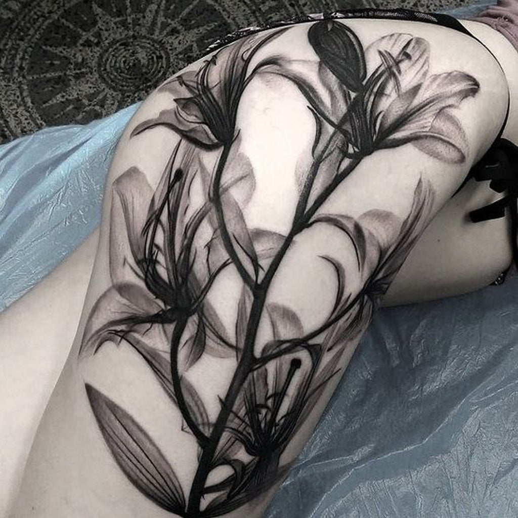 Black Floral Hip Tattoo - MyBodiArt.com