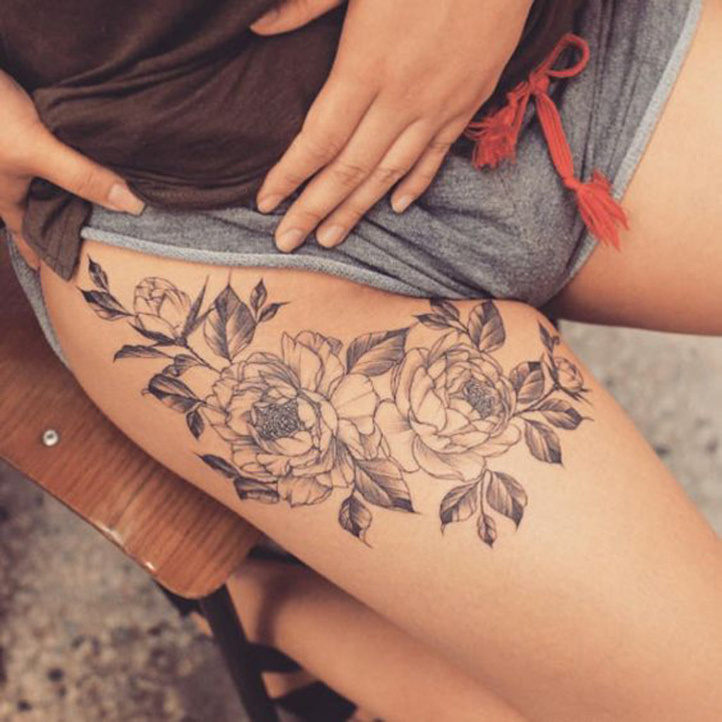 Vintage Black Floral Fleur Flower Womens Thigh Tattoo - MyBodiArt.com