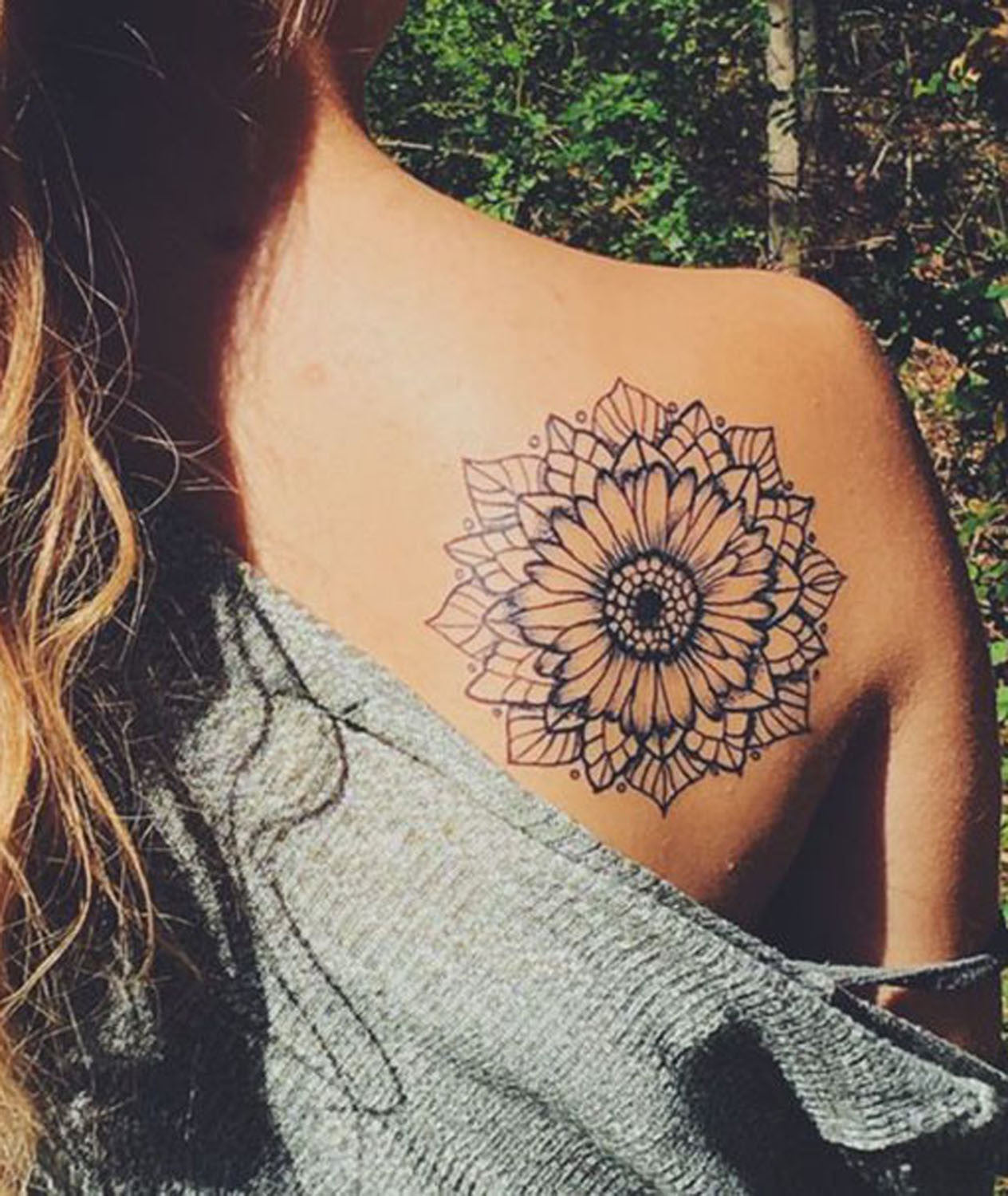 Mandala Sunflower Black and White Back Shoulder Tattoo Ideas at MyBodiArt.com