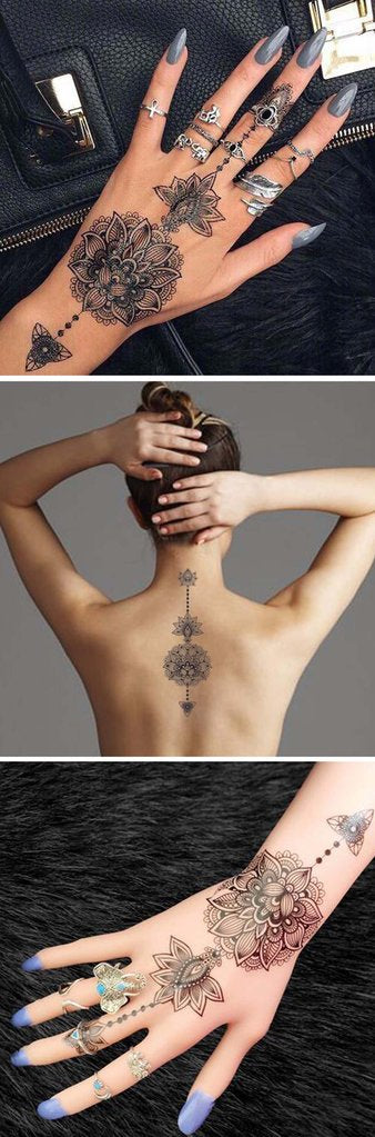 Tribal Lotus Mandala Tattoo Ideas for Women Boho Black Henna Lace Hand Spine Back Tatouage Meaningful - MyBodiArt.com 