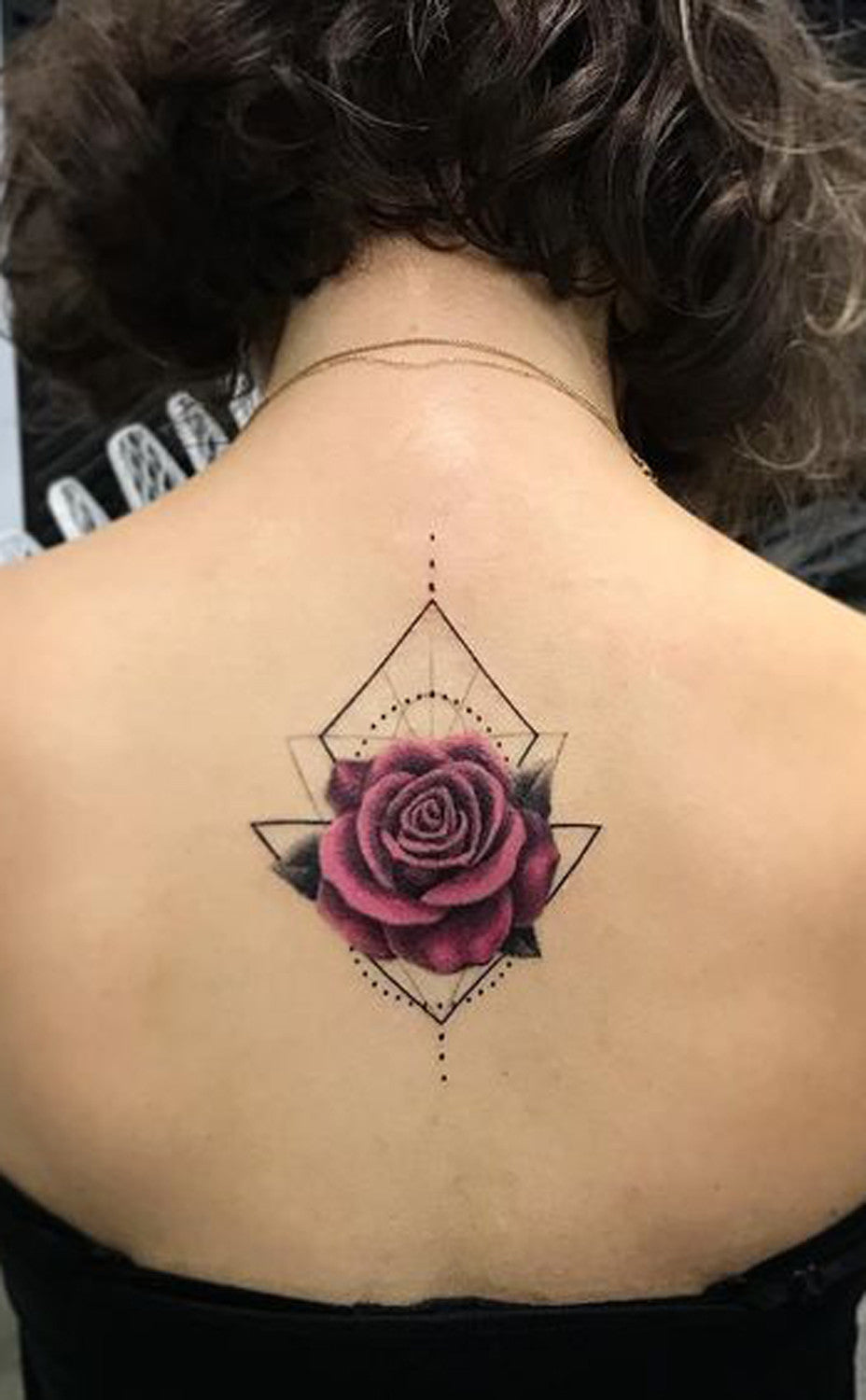 Geometric Red Rose Triangle Back Spine Tattoo Ideas at MyBodiArt.com 