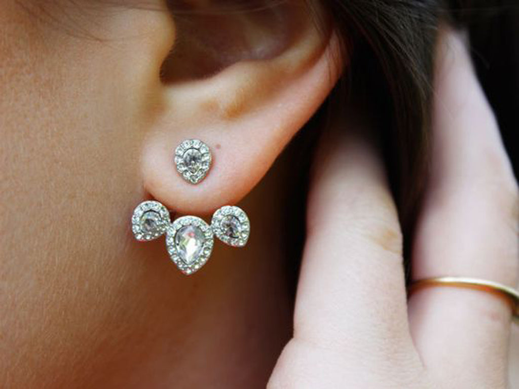 Gemstone Crystal Elegant Silver Ear Jacket Earring - MyBodiArt.com